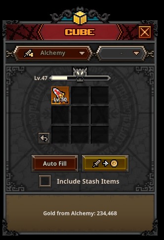 Alchemy screen showing Gold from Alchemy: 234,468 — matching the predicted value