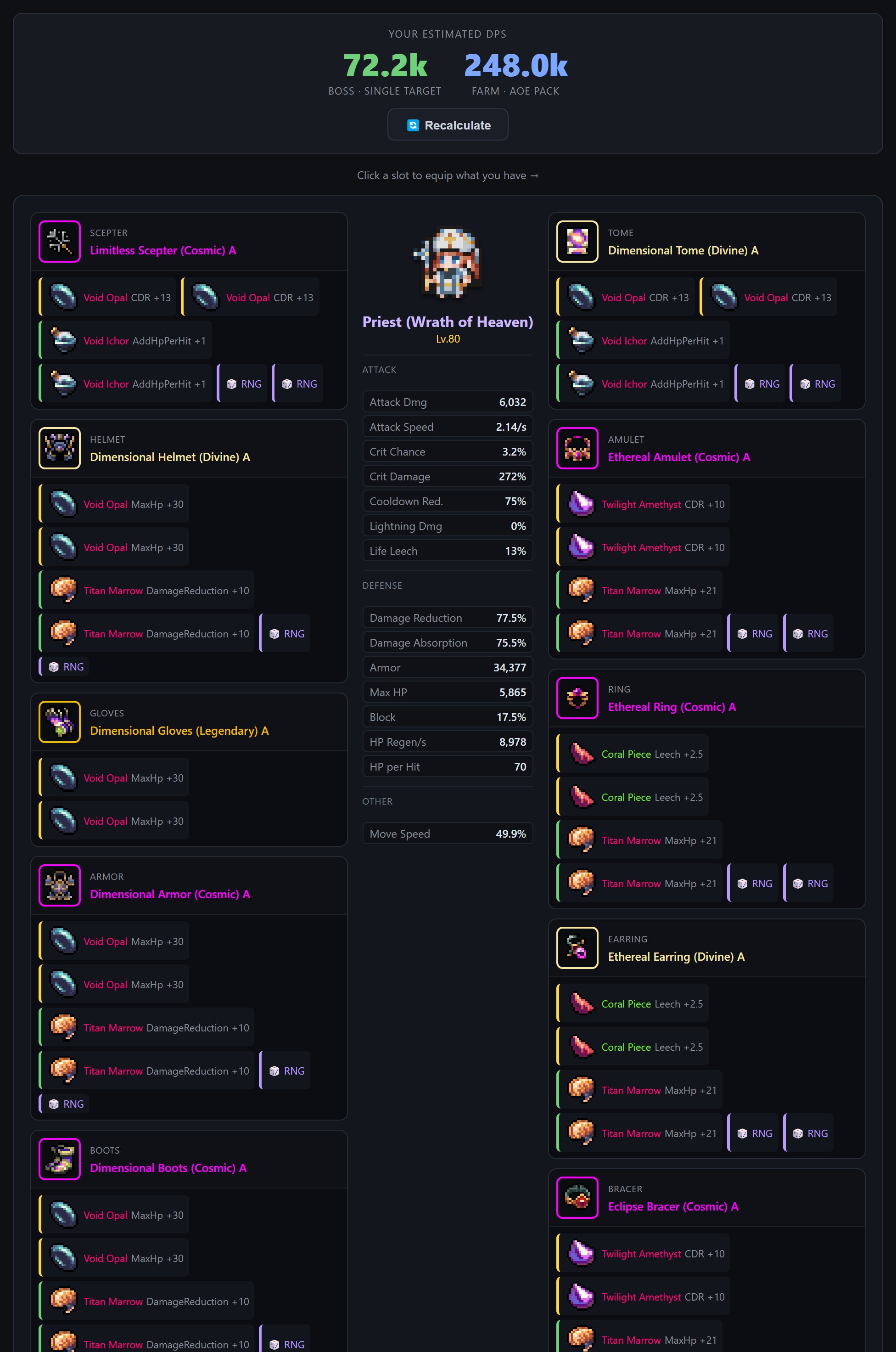 The Upgrade Advisor with the L80 Priest build loaded — gear grid, gems and the live stat panel.