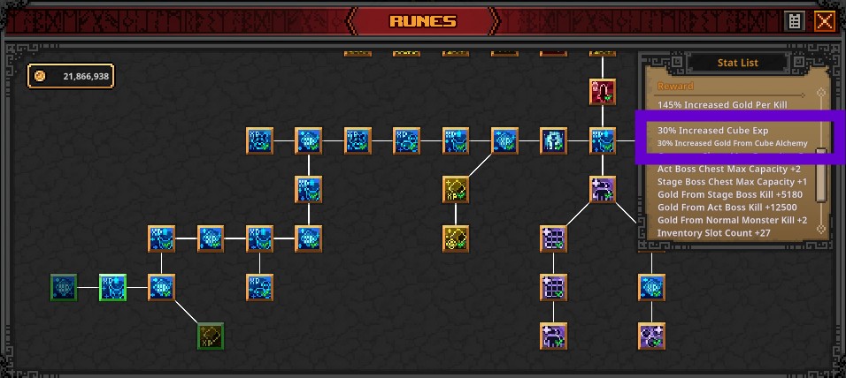 Rune screen showing +30% Increased Cube Exp and +30% Increased Gold From Cube Alchemy
